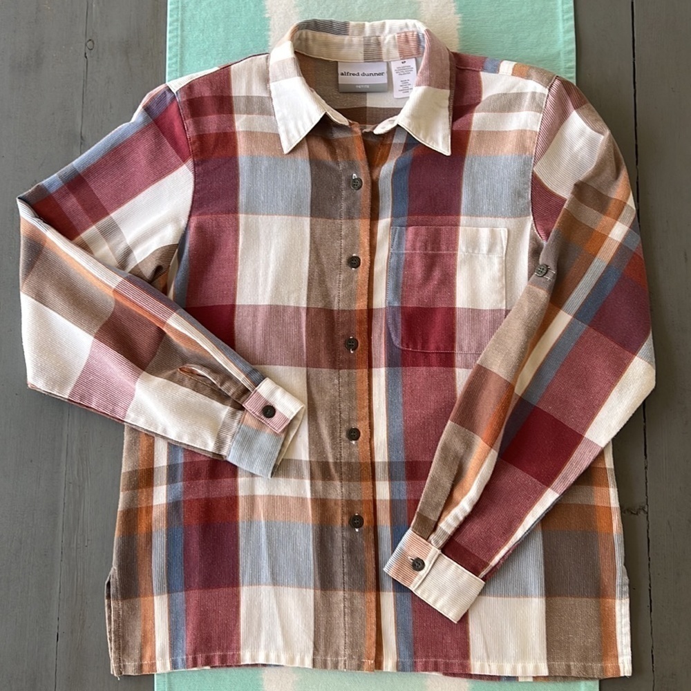 Vintage Alfred Dunner Plaid Button Down Shirt Roll Tab Lightweight Shacket - Picture 2 of 12